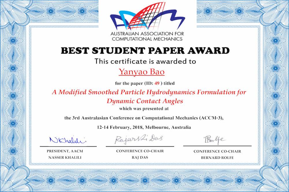 Best Student Paper Awards (ACCM3) by Yanyao Bao and Si Suo